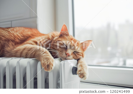 Tabby cat sleeping on a radiator in a modern flat 120241499