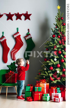 A girl who opens a Christmas gift 120241561