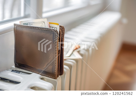 Wallet placed in front of a modern radiator 120241562