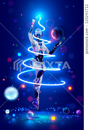 Artificial intelligence in image of female robot decorates Christmas tree in cyberspace. Christmas and New Year card in AI or artificial ingredients style. AI robot woman with neon Christmas tree. Artificial intelligence in image of female robot decorates Christmas tree in cyberspace. Christmas and New Year card in AI or artificial ingredients style. AI robot woman with neon Christmas tree. 120241712