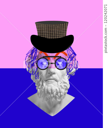 Sculpture bust with tweed top hat, blue glasses, and expressive gaze, set against pink and blue background. Contemporary art collage. Sculpture bust with tweed top hat, blue glasses, and expressive gaze, set against pink and blue background. Contemporary art collage. 120242071