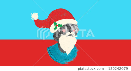 Classical sculpture bust wearing Santa hat with holly leaf, set against cheerful blue and red background for festive pop art look. Contemporary art collage. 120242079