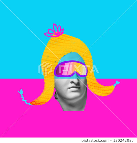Antique statue bust with bright yellow hairstyle, in colorful pink goggles against vibrant blue and pink background. Contemporary art collage. Antique statue bust with bright yellow hairstyle, in colorful pink goggles against vibrant blue and pink background. Contemporary art collage. 120242083