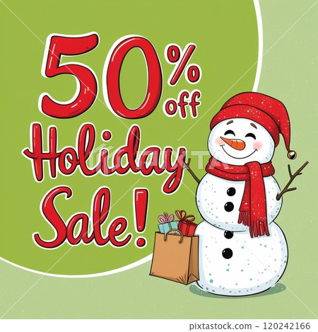 Snowman holding a shopping bag with "Holiday Sale" text on green background.  120242166