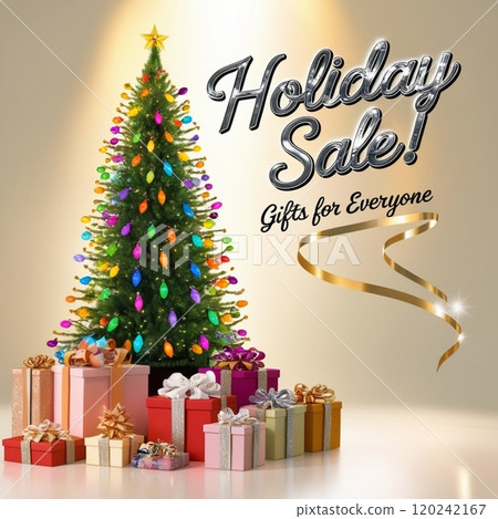 Holiday sale promotion with decorated Christmas tree and presents on light background.  120242167