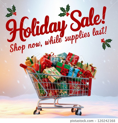 Shopping cart filled with wrapped festive gifts promoting holiday sale on bright background.  120242168
