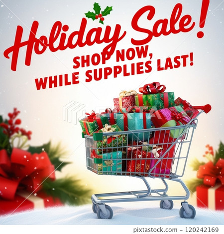 Shopping cart filled with wrapped festive gifts promoting holiday sale on bright background.  120242169
