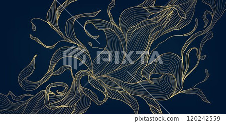Vector gold on dark line leaf pattern, art deco luxury floral texture design. Elegant flower ornament, garden japan style background Vector gold on dark line leaf pattern, art deco luxury floral texture design. Elegant flower ornament, garden japan style background 120242559