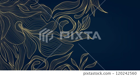 Vector gold on dark line leaf pattern, art deco luxury floral texture design. Elegant flower ornament, garden japan style background Vector gold on dark line leaf pattern, art deco luxury floral texture design. Elegant flower ornament, garden japan style background 120242560