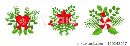 Christmas wreath design element set. Spruce evergreen branch Christmas wreath design element set. Spruce evergreen branch 120242927