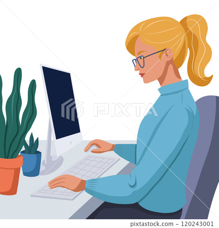 Vector clip art illustration woman studying at computer in modern flat style. Woman programmer. 120243001