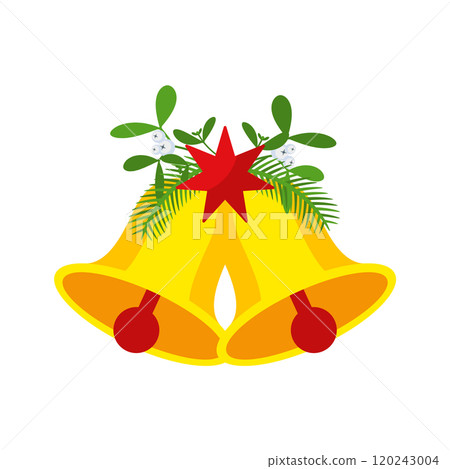 Two Christmas bells with red star and floral garland. 120243004