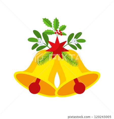 Two Christmas bells with red star and floral garland. 120243005