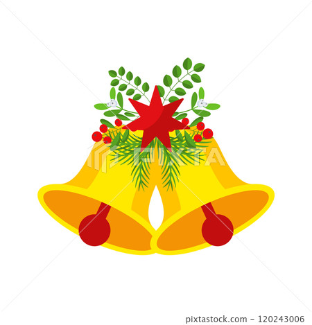 Two Christmas bells with red star and floral garland. 120243006
