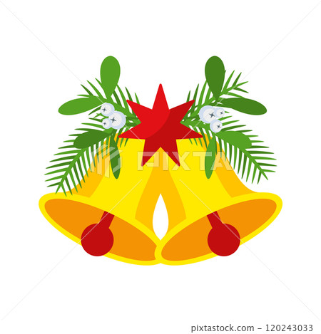 Two Christmas bells with red star and floral garland. Two Christmas bells with red star and floral garland. 120243033