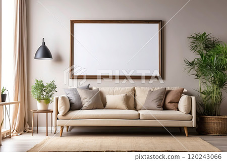 Interior of living room with beige sofa and blank picture frame on wall. 120243066