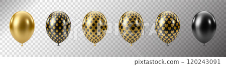 Black Gold balloons set. Luxury realistic balloons. 3D glossy dotted pattern 120243091