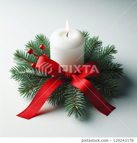Christmas decoration with candle on white background. New Year and Christmas candles. Christmas decoration with candle on white background. New Year and Christmas candles. 120243176