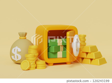 safe and money and gold bars 3D graphic safe and money and gold bars 3D graphic 120243199