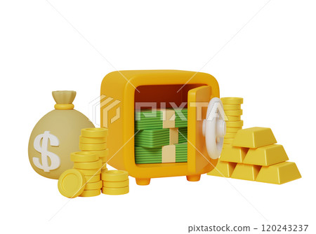 safe and money and gold bars 3D graphic 120243237