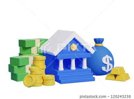 bank and money with gold bar 3D graphic bank and money with gold bar 3D graphic 120243238