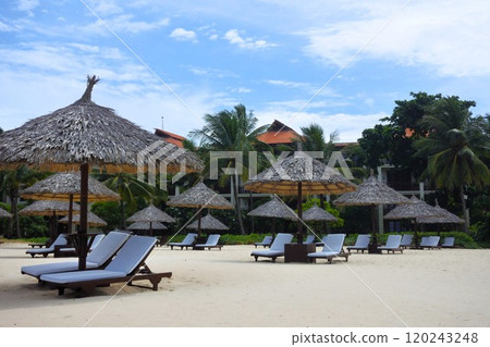 度假酒店的沙灘和棕櫚樹 度假酒店的沙灘和棕櫚樹 120243248