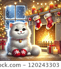 White cat and fireplace 120243303