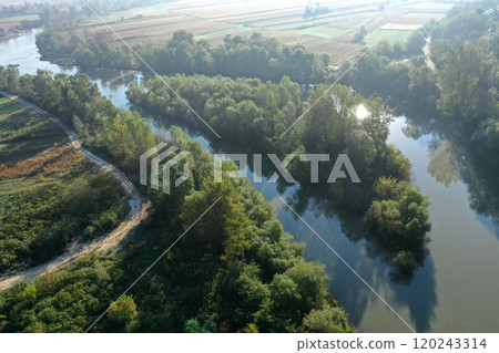Aerial view of natural island covered with forest on a river 120243314