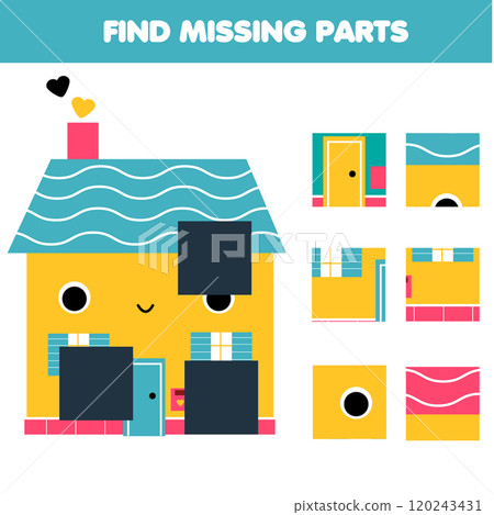 Puzzle for toddlers. Find missing part of house picture. Educational game for children and kids 120243431