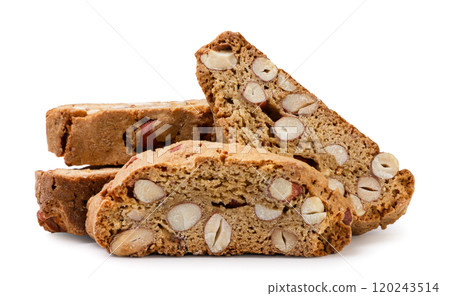 Pile of cantuccini cookies, almond biscotti on white background. Isolated 120243514