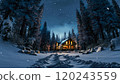 Snowfall over a house in the forest. Wooden private house in the winter forest. Winter pine forest during snowfall. Cold winter evening in the forest 120243559