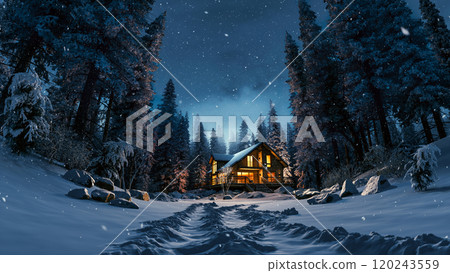 Snowfall over a house in the forest. Wooden private house in the winter forest. Winter pine forest during snowfall. Cold winter evening in the forest 120243559