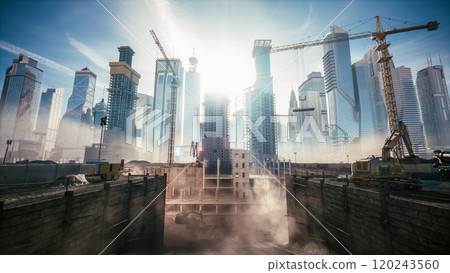 Construction of a modern city. Large construction site against the backdrop of modern skyscrapers. Construction site at sunrise 120243560