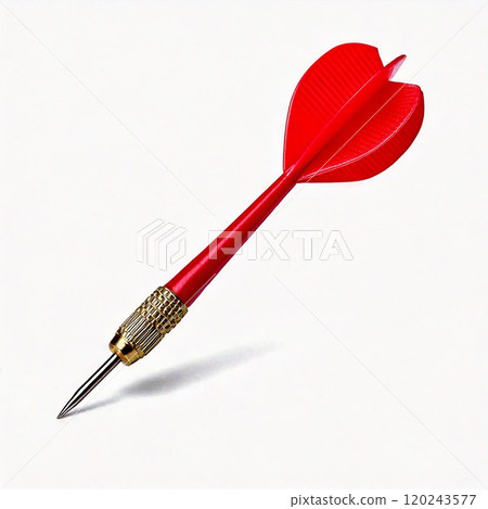 A bright red dart featuring a golden tip and ribbed barrel, perfect for games. 120243577
