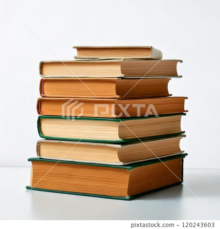 A neatly stacked collection of vintage books on a white background. A neatly stacked collection of vintage books on a white background. 120243603