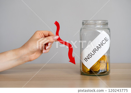 Bank of coins Insurance and down arrow in hand. Interest Rate Reduction Concept. Low cost. Business and finance. Property, housing and life insurance 120243775