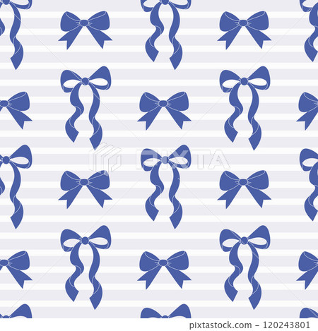 Coquette seamless pattern dark blue ribbon bow on white striped background. Trendy aesthetic girls accessories design. Vector illustration. 120243801