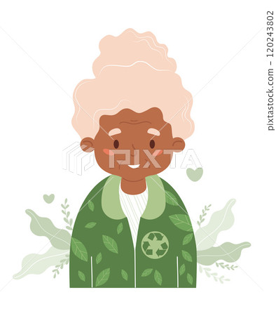 Happy black elderly woman in fashionable clothes from recycling textile. Eco friendly clothing sustainable fashion and environmental care concept. Ecology lifestyle pensioner. Vector illustration. Happy black elderly woman in fashionable clothes from recycling textile. Eco friendly clothing sustainable fashion and environmental care concept. Ecology lifestyle pensioner. Vector illustration. 120243802