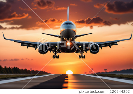 front view of photorealistic passenger plane landing 120244292