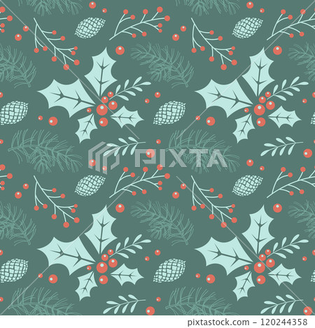 Christmas seamless pattern with holly berry branches and pine cones. Christmas background. Illustration. Christmas seamless pattern with holly berry branches and pine cones. Christmas background. Illustration. 120244358