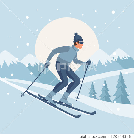 Male character on skis on mountain winter landscape background. Winter sport, outdoor sport activity. Flat illustration 120244366