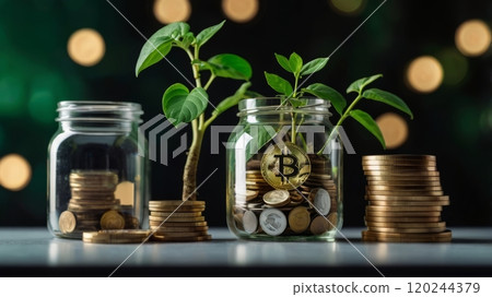 a green sprout in a bank with bitcoin coins a green sprout in a bank with bitcoin coins 120244379