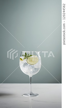 vertical close-up shot of a glass of gin and tonic cocktail garnished with a lime slice and rosemary on a table 120244562