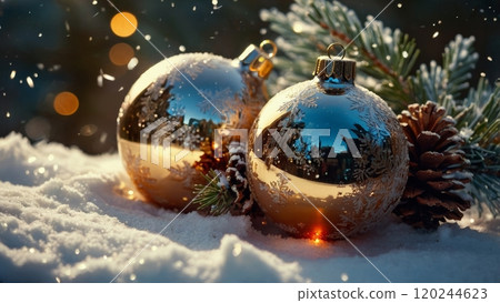 golden Christmas ornaments nestled in a bed of snow-covered pine branches 120244623