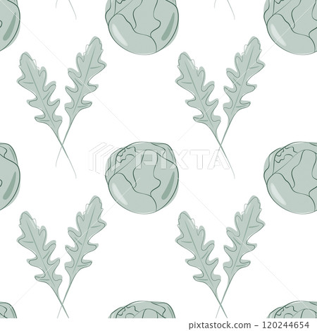 Brussels sprouts heads and Arugula leaves Seamless Pattern in trendy soft green. Healthy Food fond 120244654