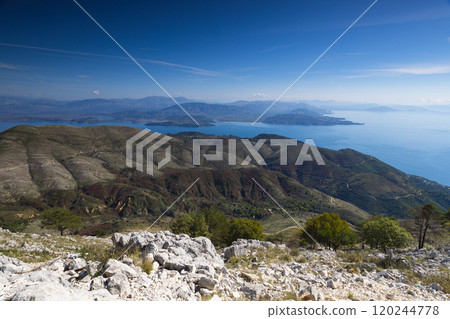 View of Albanian coastline and mountains, from mount Pantokrator, Corfu, Greece 120244778