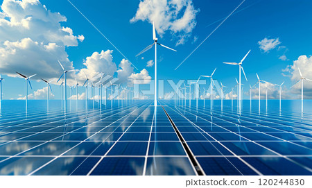 Solar cell plant and wind generators under blue sky. 120244830