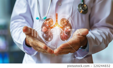 Doctor holding human lung system model, pneumonia disease. 120244832
