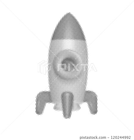Standing 3d cartoon rocket - retro halftone college design element. Isolated dotted vector illustration. 120244992