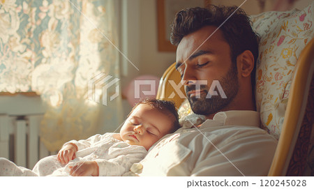 A young Arabian father peacefully sleeping in a chair with his newborn son in a cozy, sunlit room during the afternoon 120245028